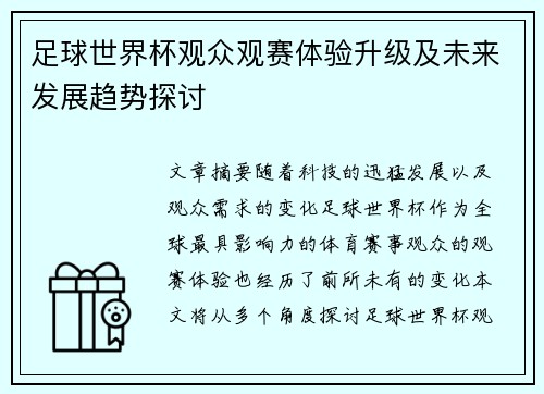 足球世界杯观众观赛体验升级及未来发展趋势探讨