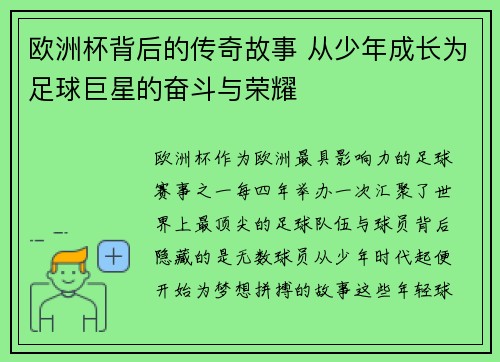 欧洲杯背后的传奇故事 从少年成长为足球巨星的奋斗与荣耀