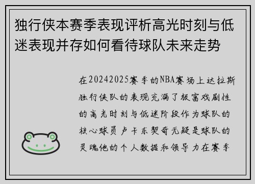 独行侠本赛季表现评析高光时刻与低迷表现并存如何看待球队未来走势