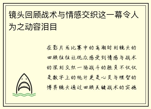 镜头回顾战术与情感交织这一幕令人为之动容泪目 镜头回顾战术与情感交织这一幕令人为之动容泪目